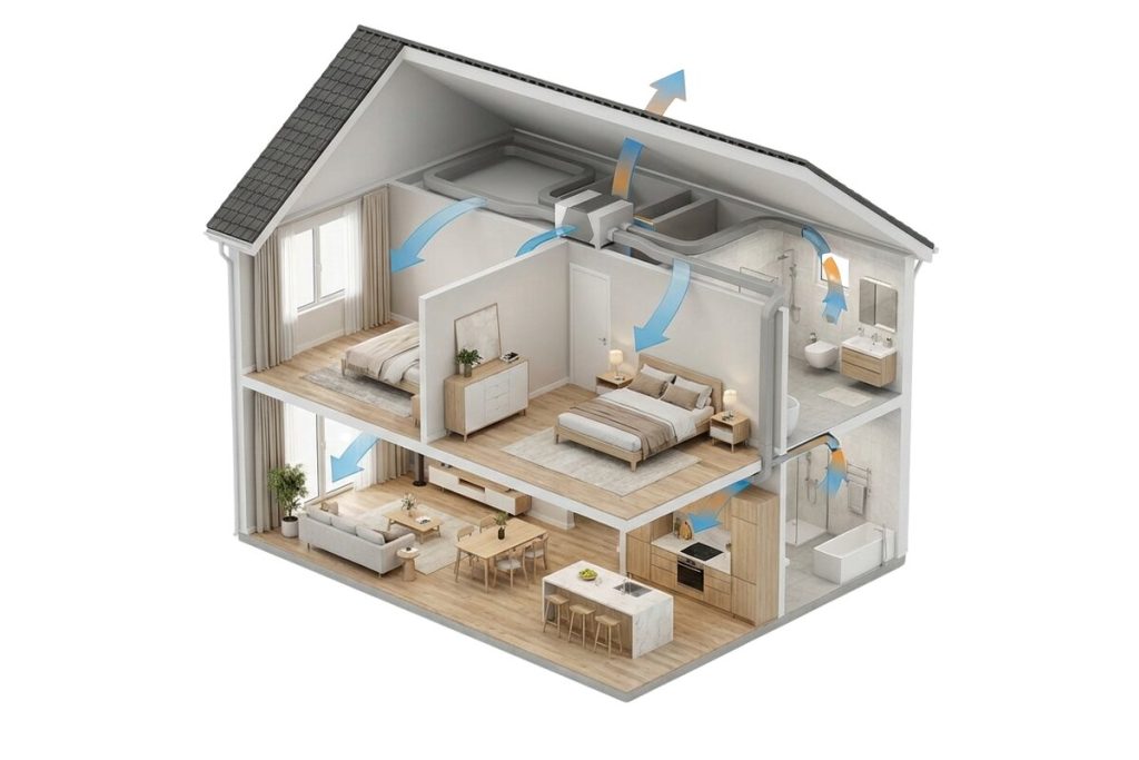 Corte de uma casa a mostrar o funcionamento de um sistema de Ventilação Mecânica Controlada