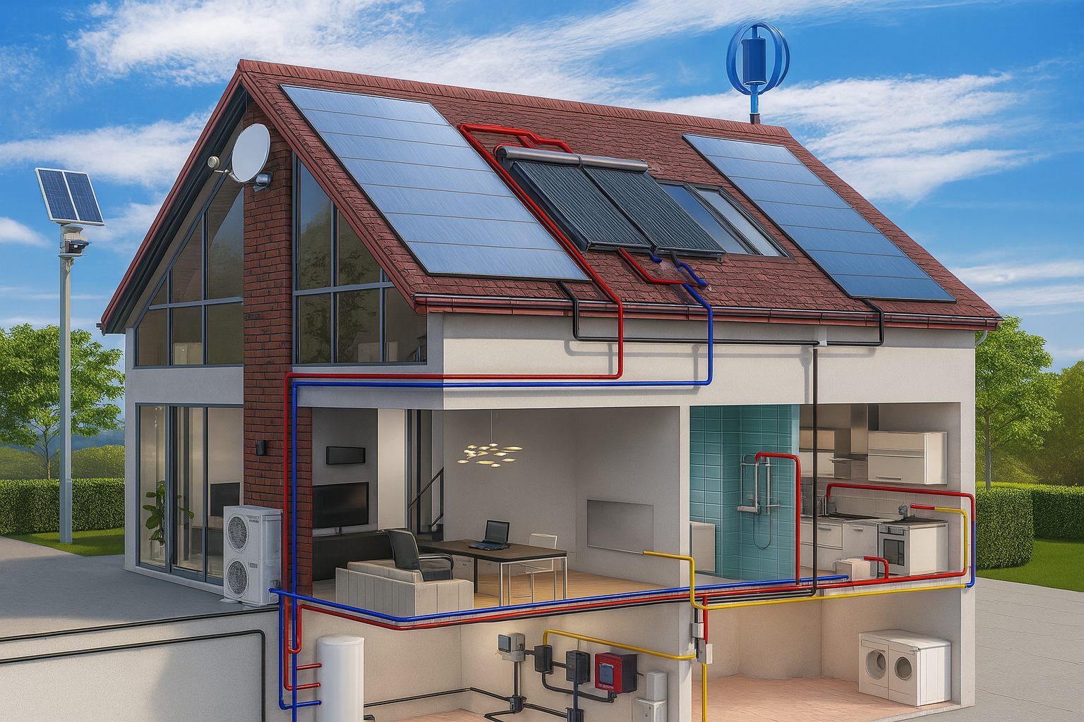 Corte de uma casa a mostrar painéis solares no telhado e as instalações técnicas de climatização