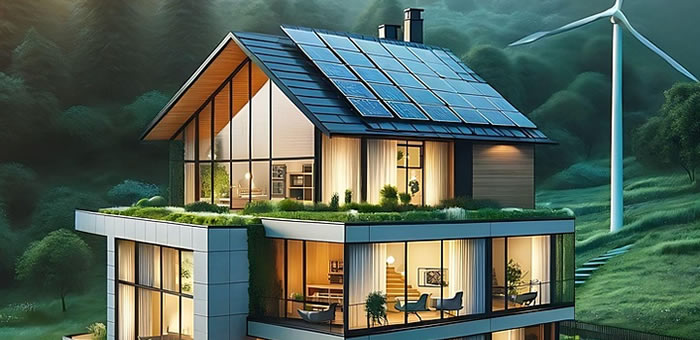 Casa moderna com painéis solares, ilustrando a eficiência energética de um edifício